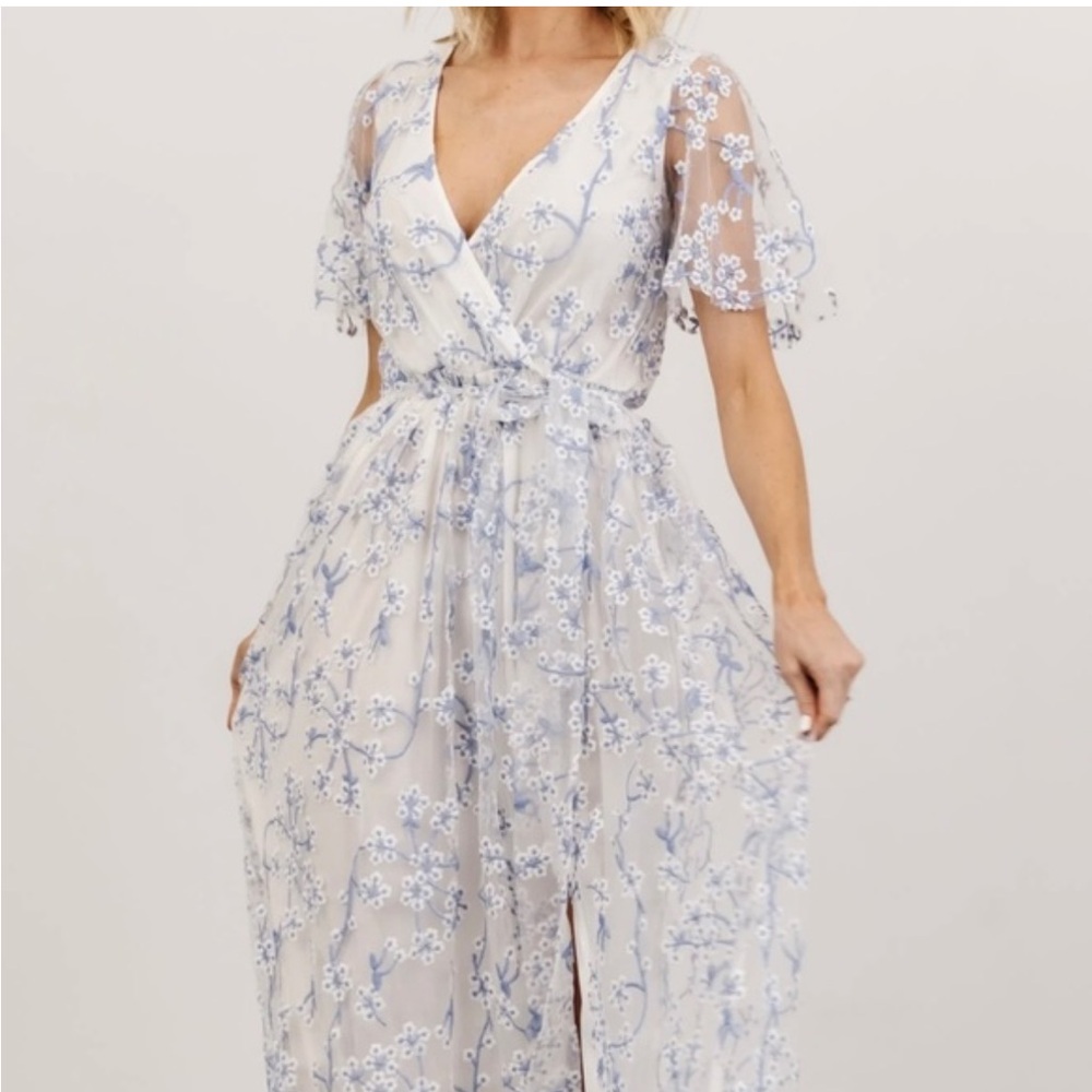 Baltic Born White Maxi Dress with Light Blue Floral Embroidery